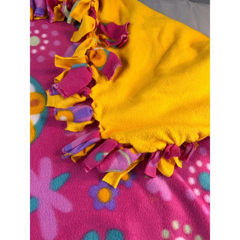 Handmade Pink Floral Ladybug Fleece Tie Blanket Yellow Reverse‎ Throw 50x48
